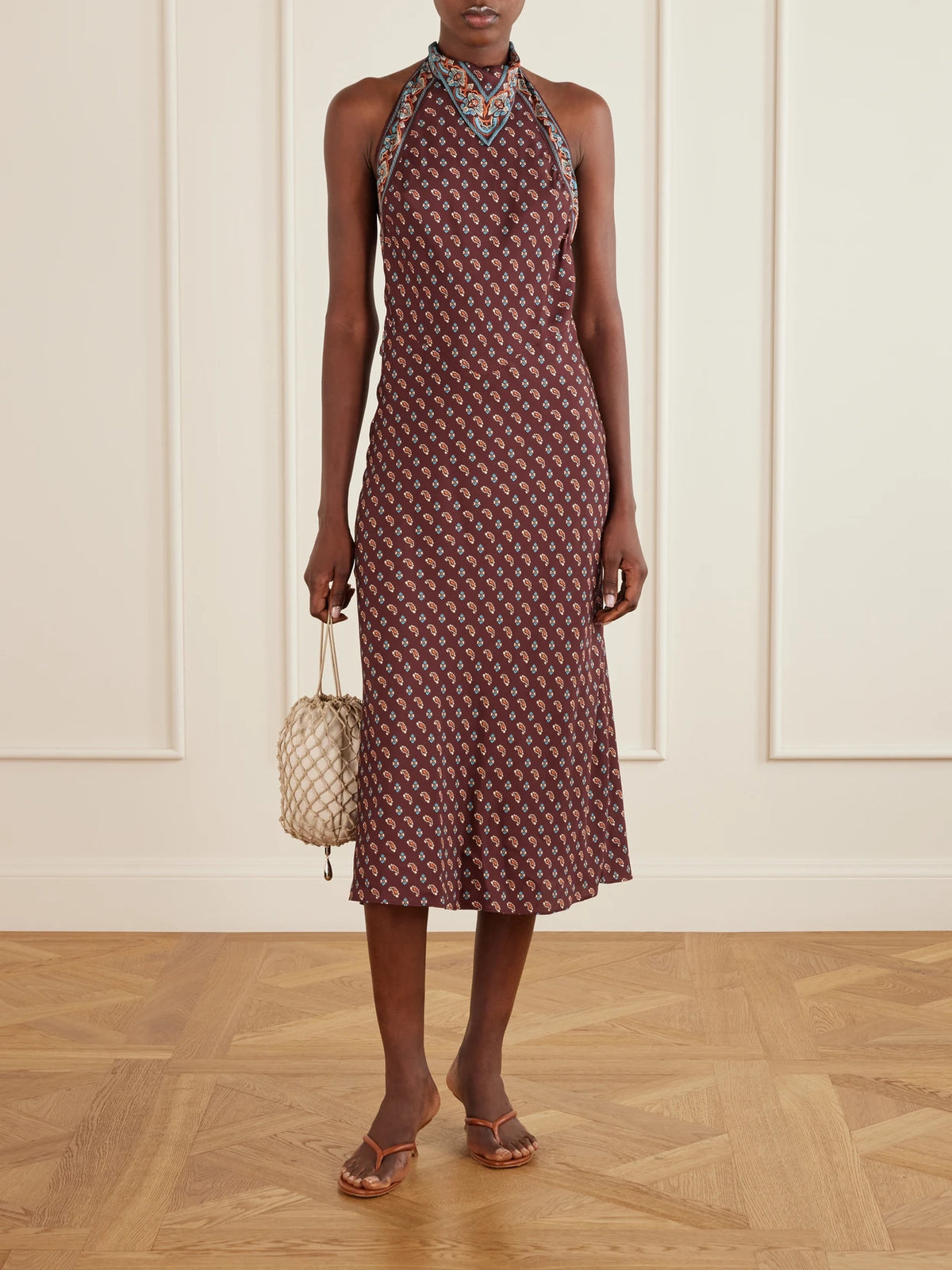 Image of Dresses. Product name - Zilda Printed Silk-blend Halterneck Midi Dress in Multi colour by brand - DÔEN