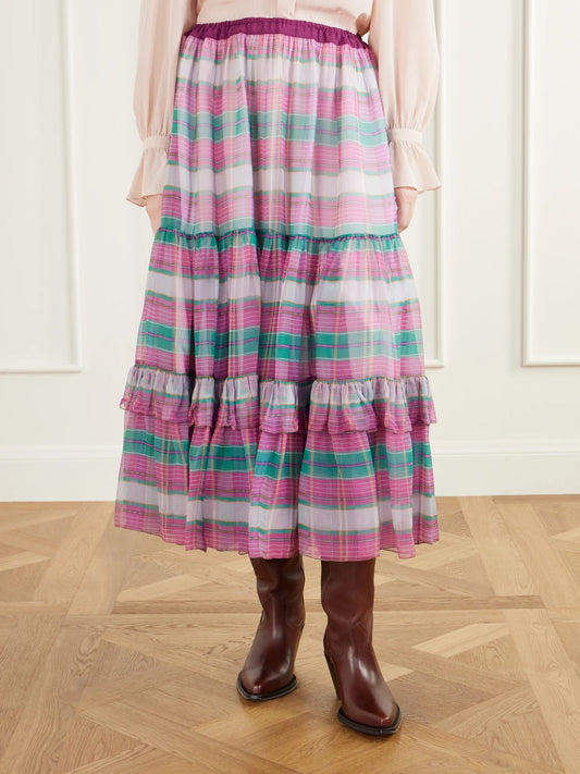 Chloé Drawstring Ruffled Checked Silk-mousseline Maxi Skirt