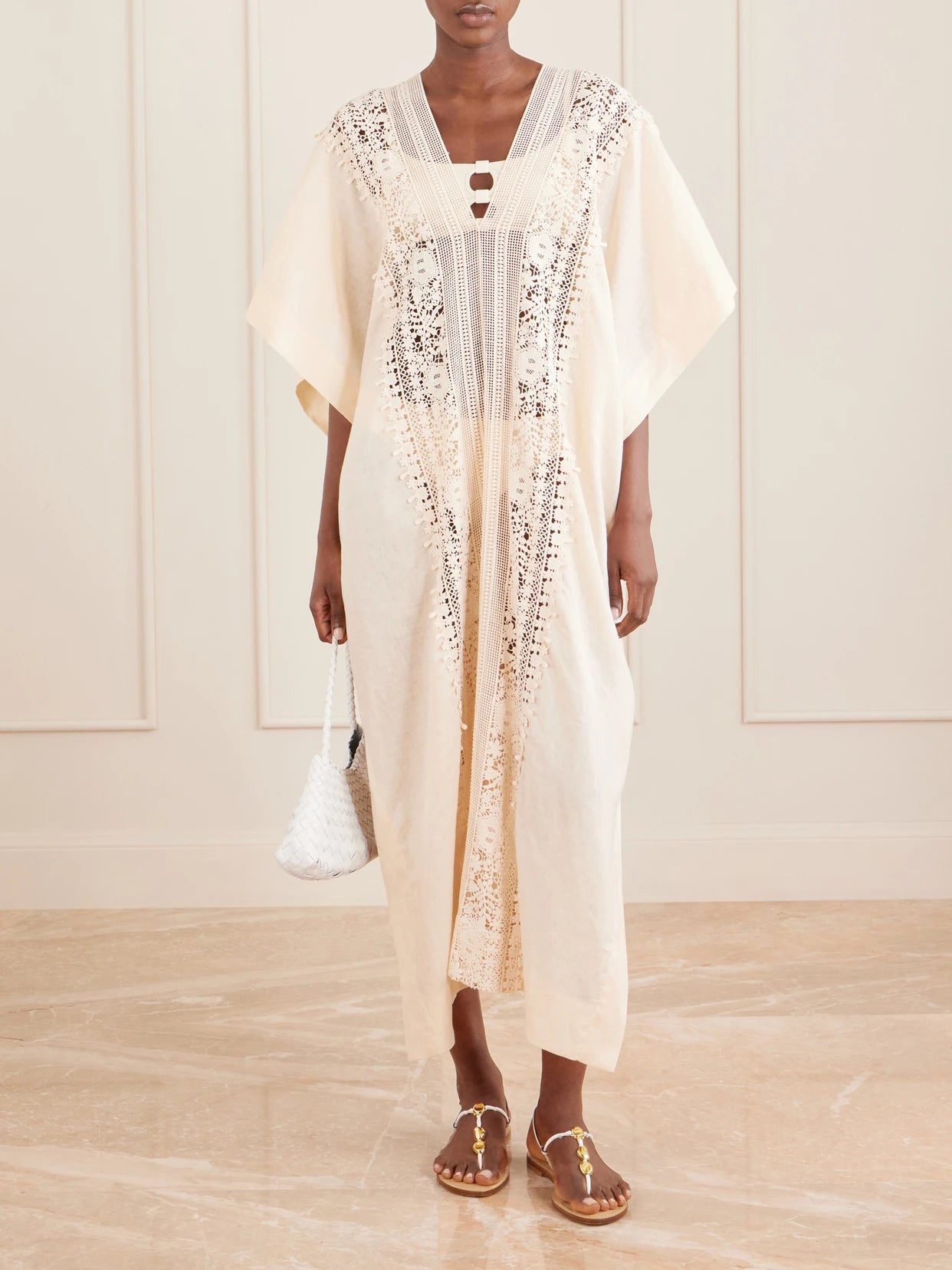 Image of Swimwear. Product name - Brea Floral-embroidered Linen Coverup in Cream colour by brand - Miguelina