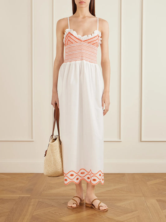Image of Dresses. Product name - Bianca Ruffled Emrboidered Shirred Cotton-poplin Midi Dress in White colour by brand - Loretta Caponi