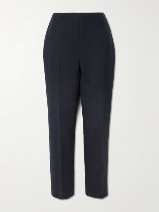 Image of a model wearing Pants. Product name - Ralph Pleated Cashmere Straight-leg Pants in Navy colour by brand - Loro Piana