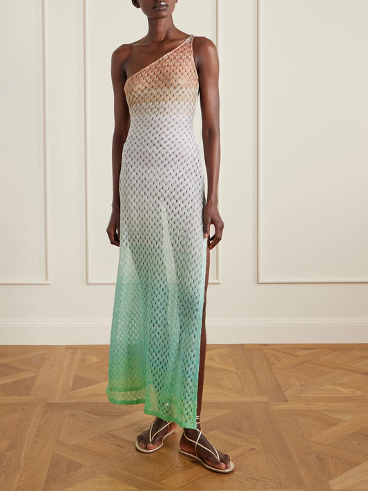 One-shoulder Metallic Crochet-knit Coverup