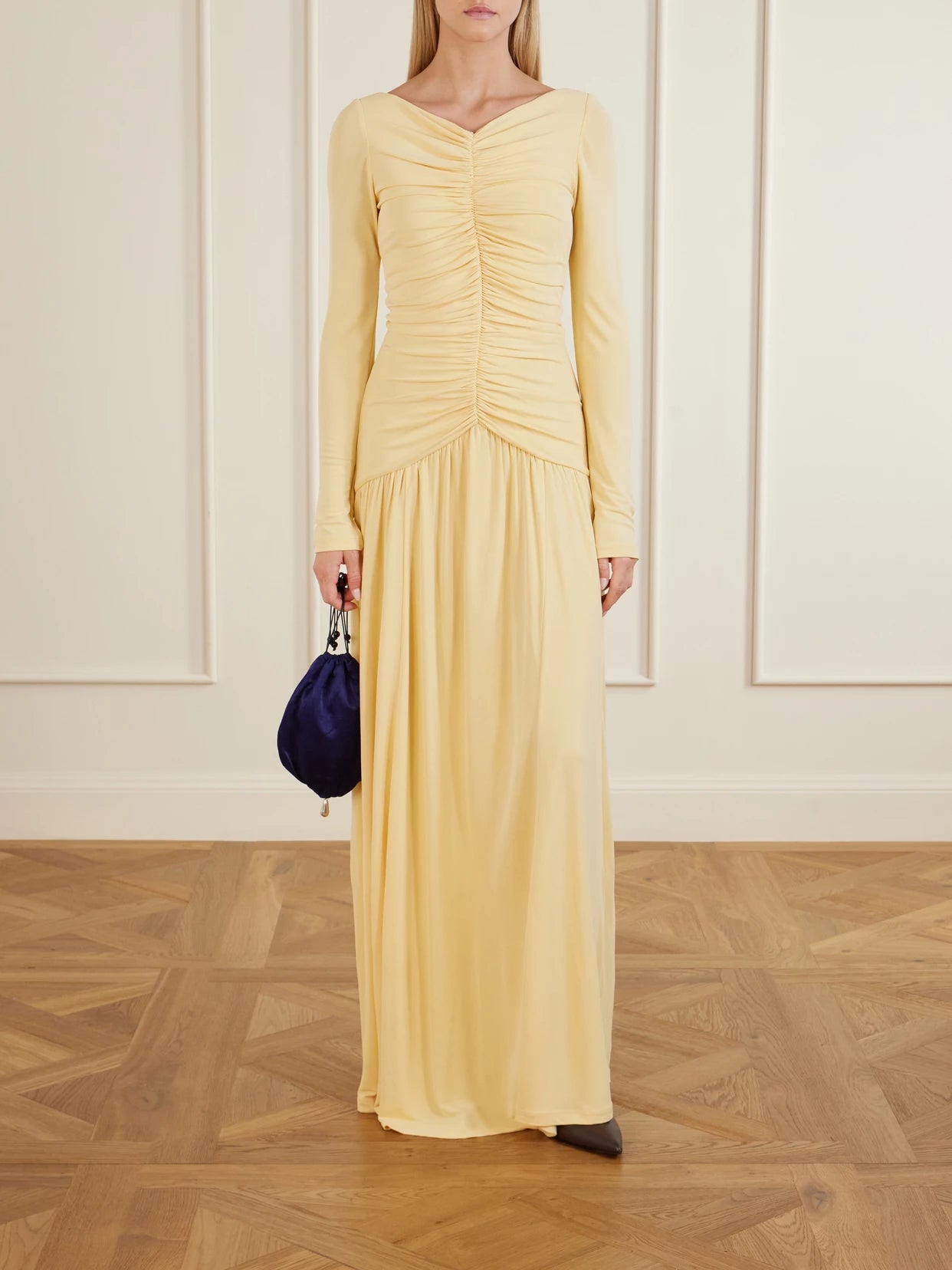 Image of Dresses. Product name - Ruched Jersey Maxi Dress in Pastel yellow colour by brand - La Ligne
