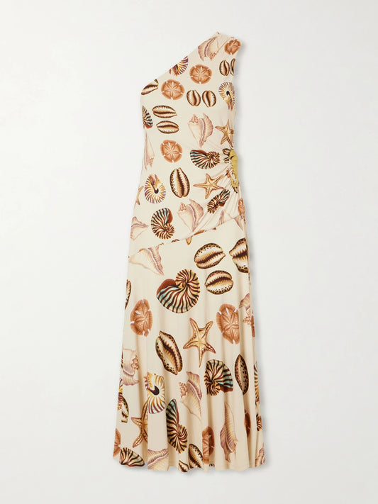Image of Dresses. Product name - Embellished Gathered One-shoulder Printed Woven Midi Dress in Sand colour by brand - Farm Rio