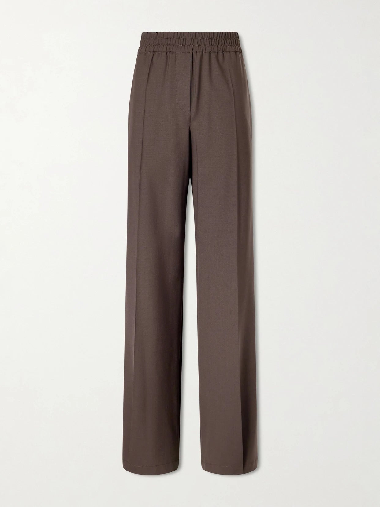 Image of a model wearing Pants. Product name - Wide-leg Wool-blend Pants in Dark brown colour by brand - Brunello Cucinelli