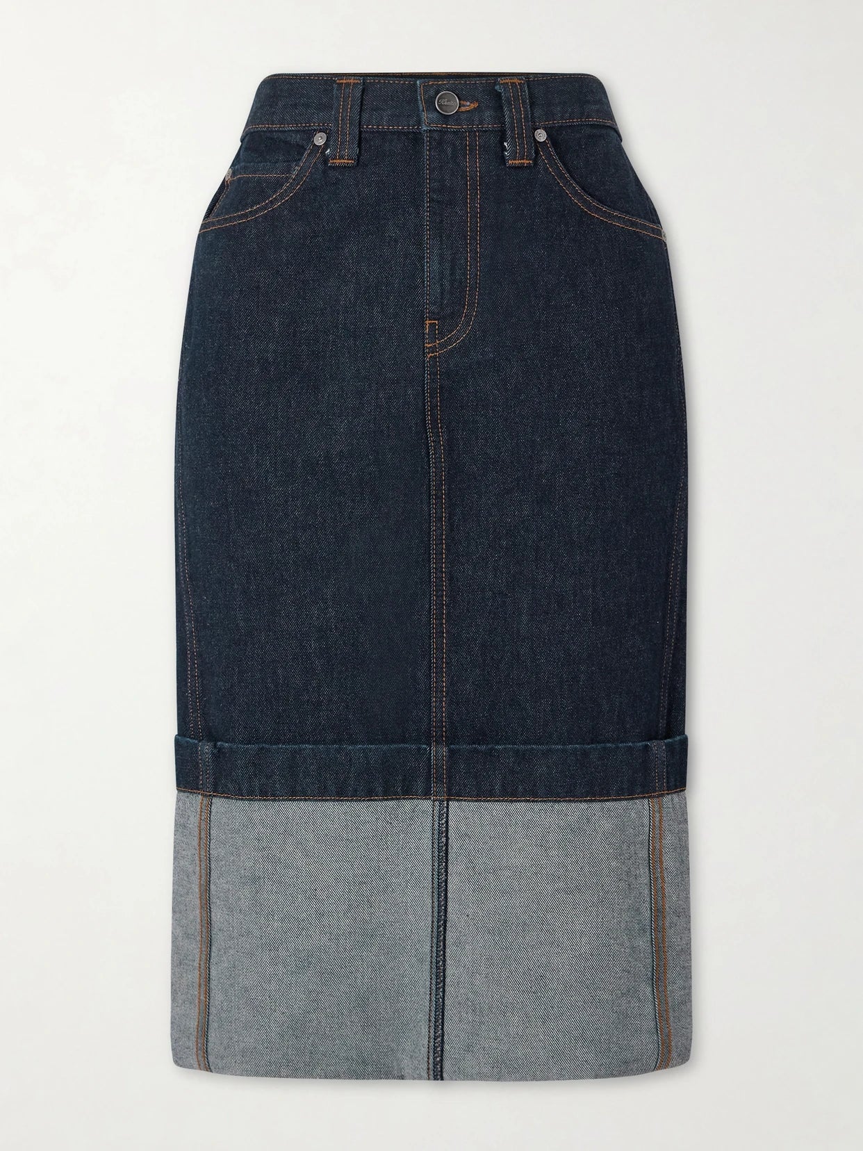 Image of Jeans. Product name - Kilian Denim Midi Skirt in Dark denim colour by brand - KHAITE