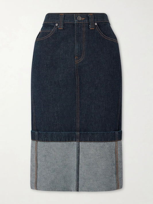 Image of Jeans. Product name - Kilian Denim Midi Skirt in Dark denim colour by brand - KHAITE