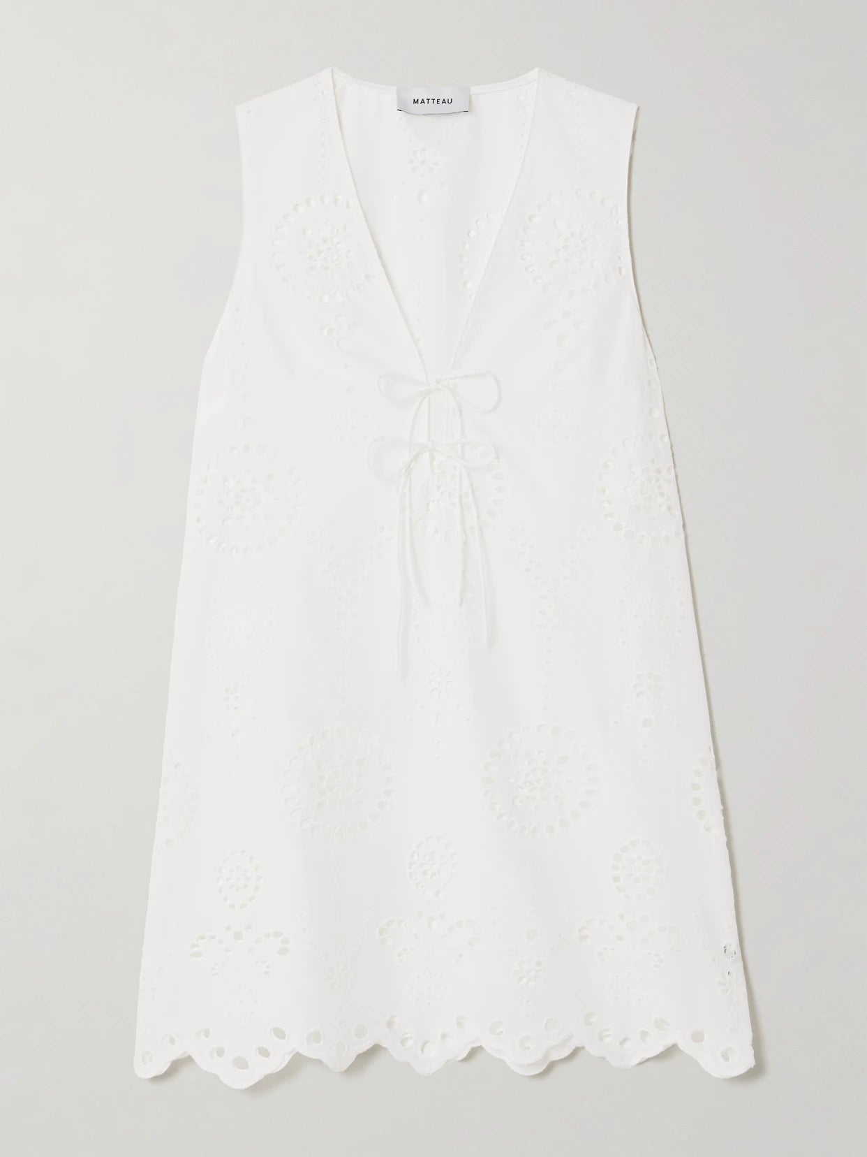 Image of Dresses. Product name - Scalloped Broderie Anglaise Cotton Mini Dress in White colour by brand - Matteau