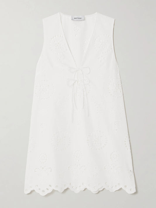 Image of Dresses. Product name - Scalloped Broderie Anglaise Cotton Mini Dress in White colour by brand - Matteau