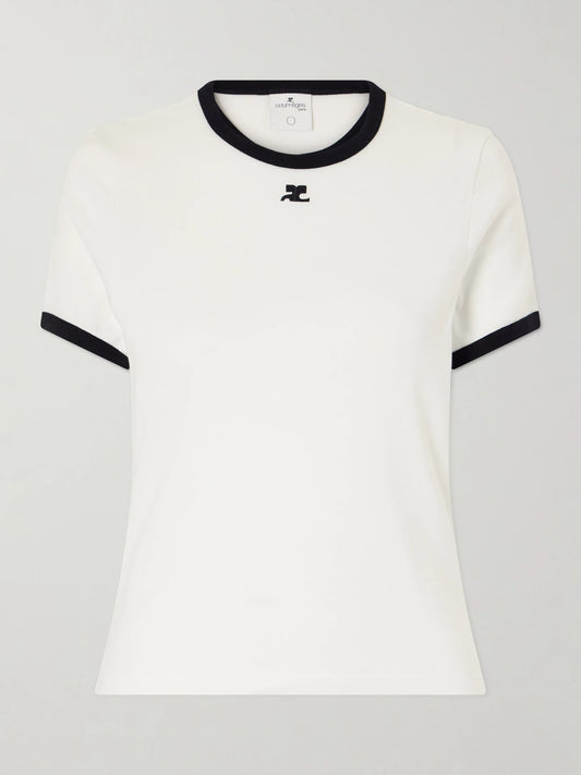 Image of a model wearing Tops. Product name - Cotton-jersey T-shirt in White colour by brand - COURREGES