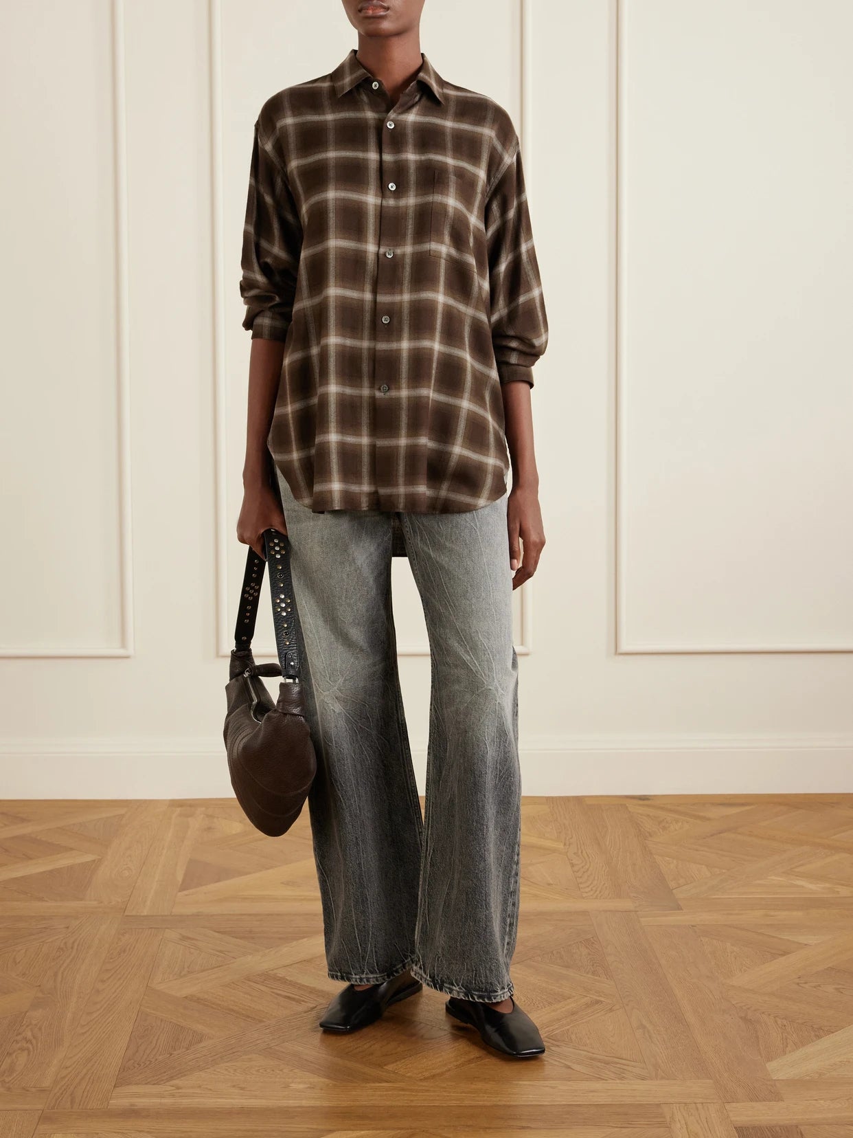 Image of a model wearing Tops. Product name - Checked Lyocell-blend Gauze Shirt in Brown colour by brand - ssstein