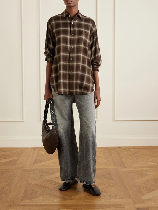 Image of a model wearing Tops. Product name - Checked Lyocell-blend Gauze Shirt in Brown colour by brand - ssstein