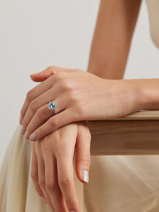 Image of Rings. Product name - 1735 Platinum, Aquamarine And Diamond Ring in Gold colour by brand - Garrard