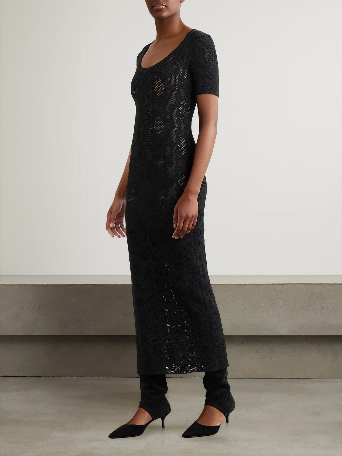 Image of Dresses. Product name - Open-knit Midi Dress in Black colour by brand - Alaïa