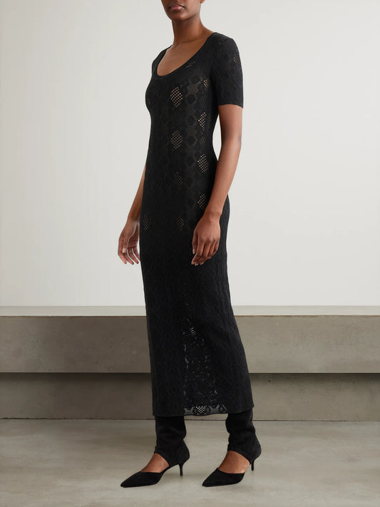 Image of Dresses. Product name - Open-knit Midi Dress in Black colour by brand - Alaïa