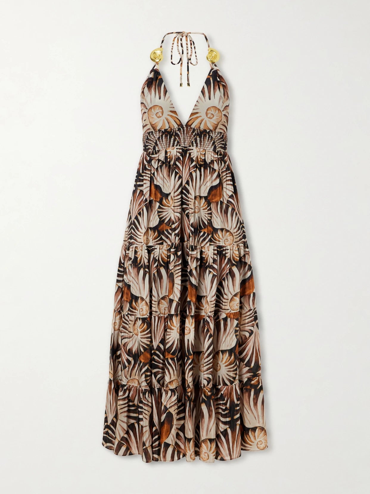 Image of Dresses. Product name - Embellished Printed Shirred Tiered Georgette Halterneck Midi Dress in Brown colour by brand - Farm Rio
