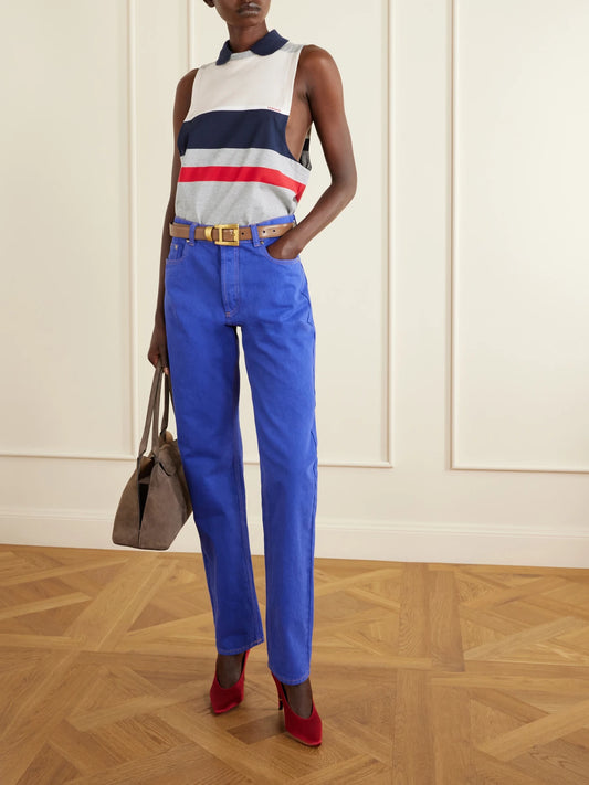 Image of a model wearing Tops. Product name - Sleeveless Embroidered Striped Cotton T-shirt in Gray colour by brand - Versace
