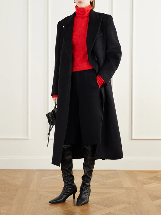 Image of a model wearing Outerwear. Product name - Emiliana Ribbed Cashmere And Silk-blend Turtleneck Sweater in Red colour by brand - LISA YANG