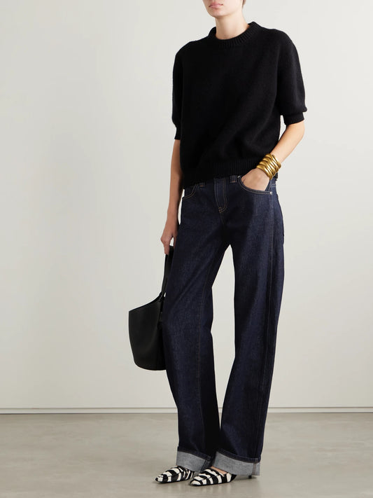 Image of Jeans. Product name - Karo Mid-rise Barrel-leg Jeans in Dark denim colour by brand - KHAITE