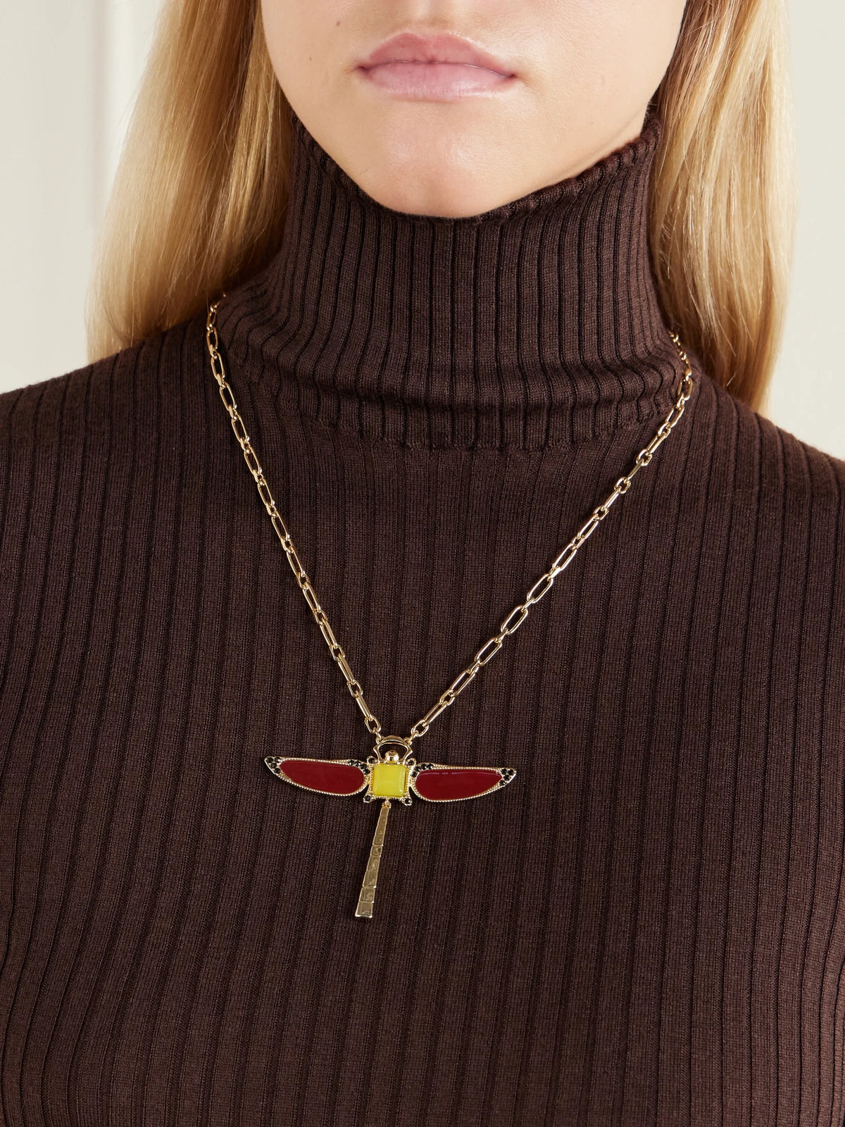 Image of Necklaces. Product name - Dragonfly Gold-plated Agate Necklace in Off-white colour by brand - La DoubleJ