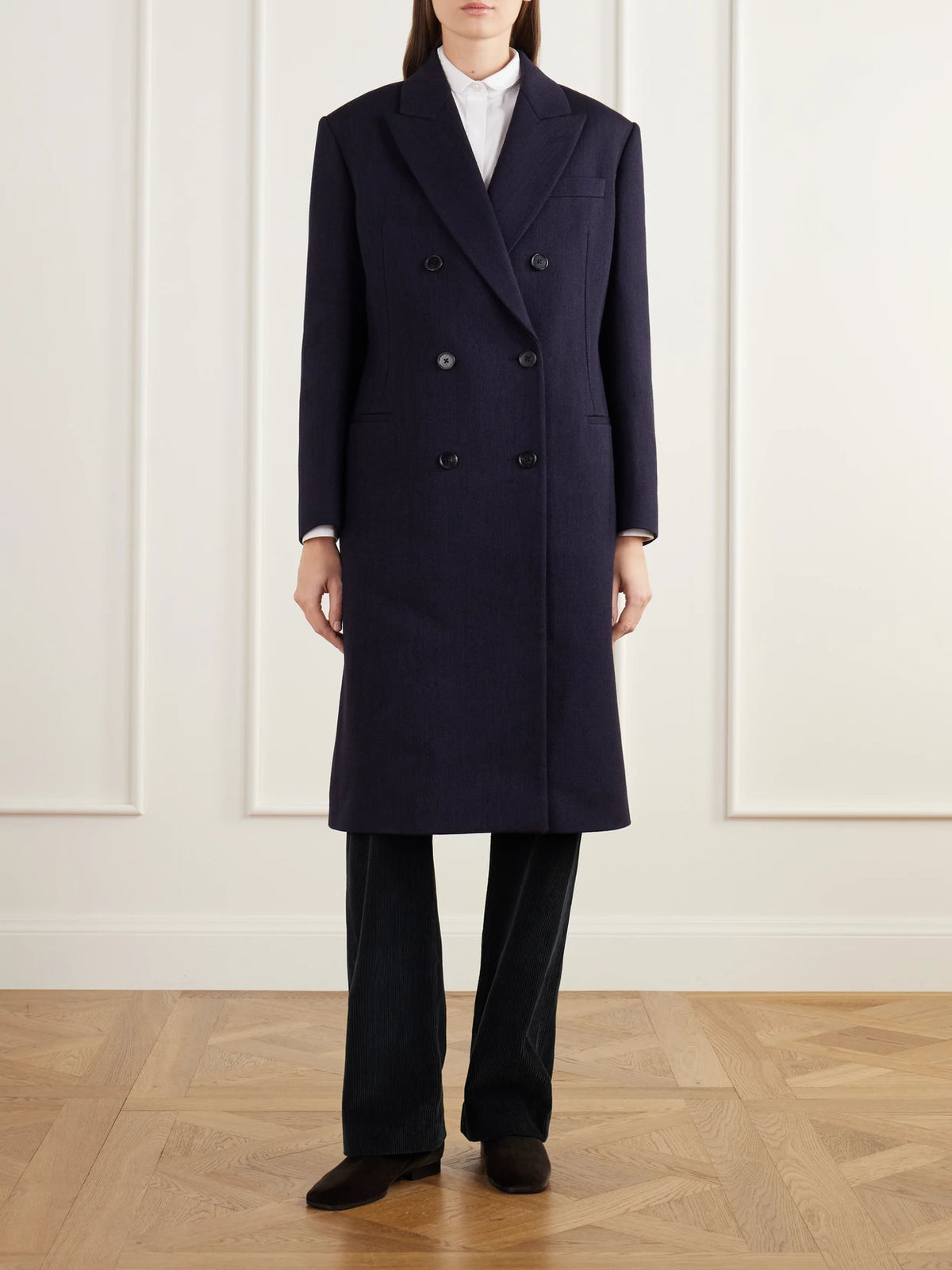 Image of Coats & Jackets. Product name - Keone Double-breasted Wool-blend Twill Coat in Navy, Dark brown colour by brand - The Row