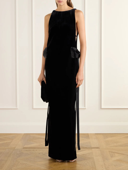 Image of Dresses. Product name - Bow-detailed Embellished Velvet Maxi Dress in Black colour by brand - Self-Portrait