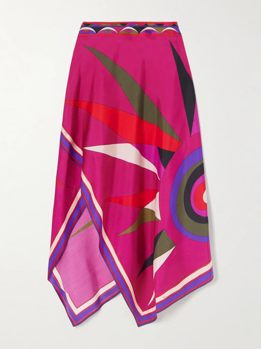 Image of a model wearing Skirts. Product name - Asymmetric Printed Silk-twill Maxi Skirt in Multi colour by brand - PUCCI