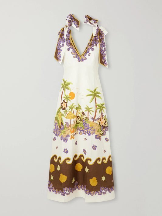 ALÉMAIS Island Cove Ballet Day Printed Linen Midi Dress