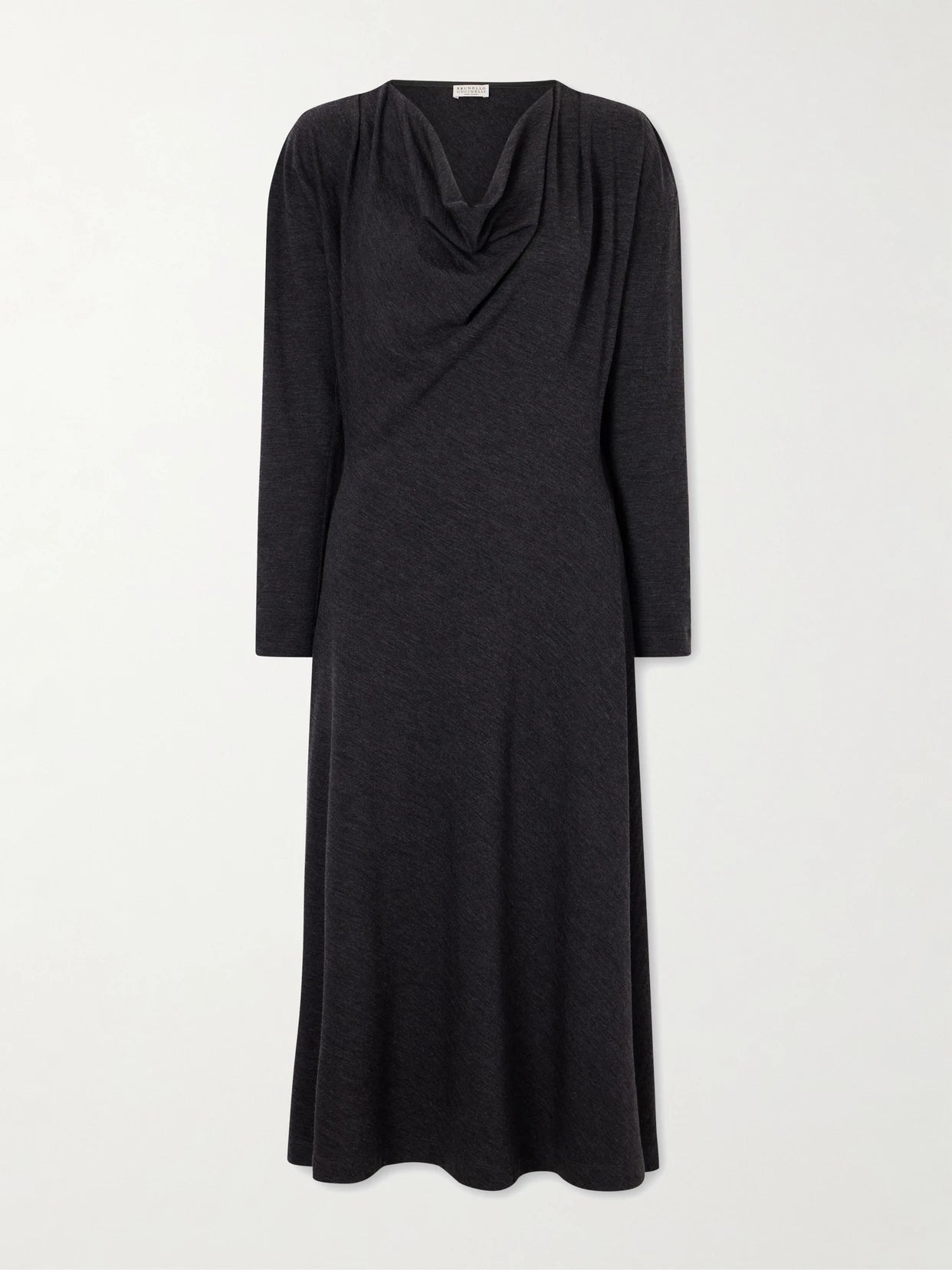 Image of Dresses. Product name - Draped Wool-blend Jersey Dress in Dark gray colour by brand - Brunello Cucinelli