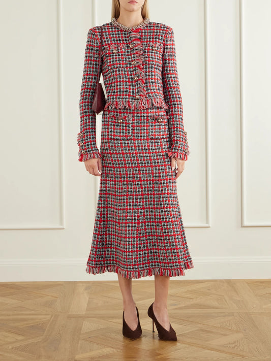 Image of a model wearing Skirts. Product name - Frayed Cotton-blend Tweed Midi Skirt in Red colour by brand - Self-Portrait