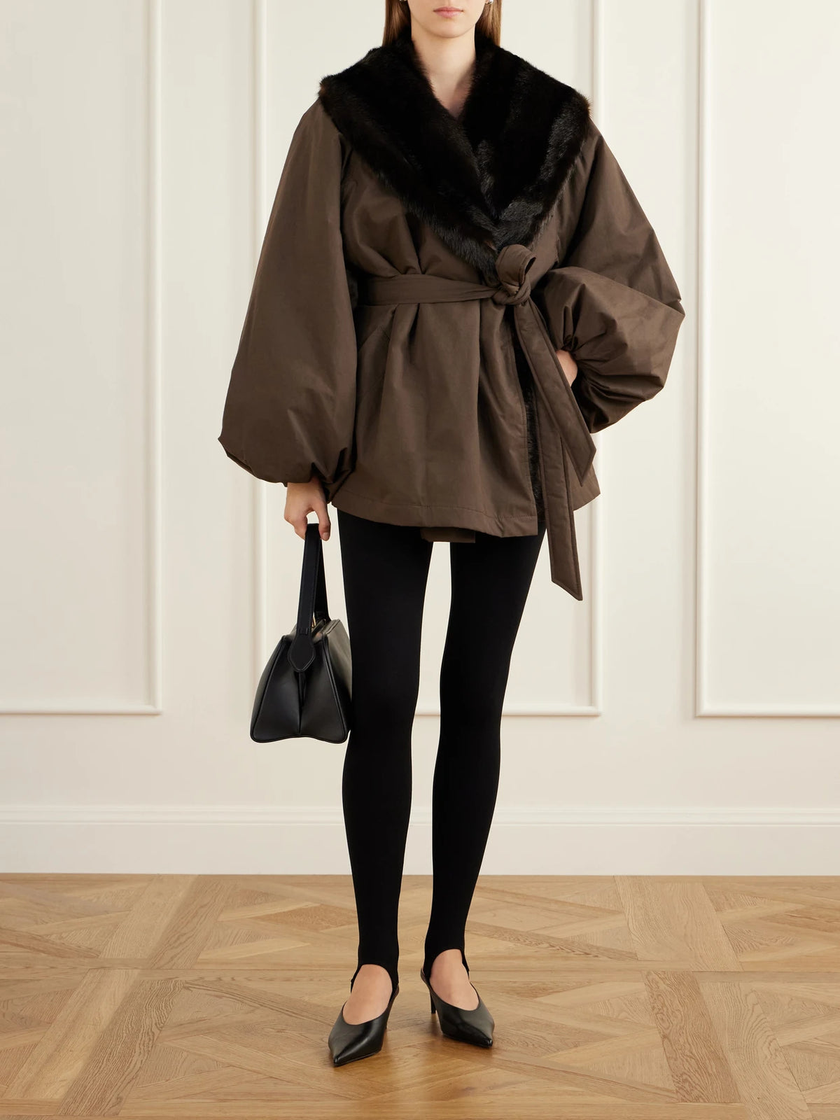 Image of Coats & Jackets. Product name - Belted Plush-trimmed Short Coat in Brown colour by brand - Magda Butrym
