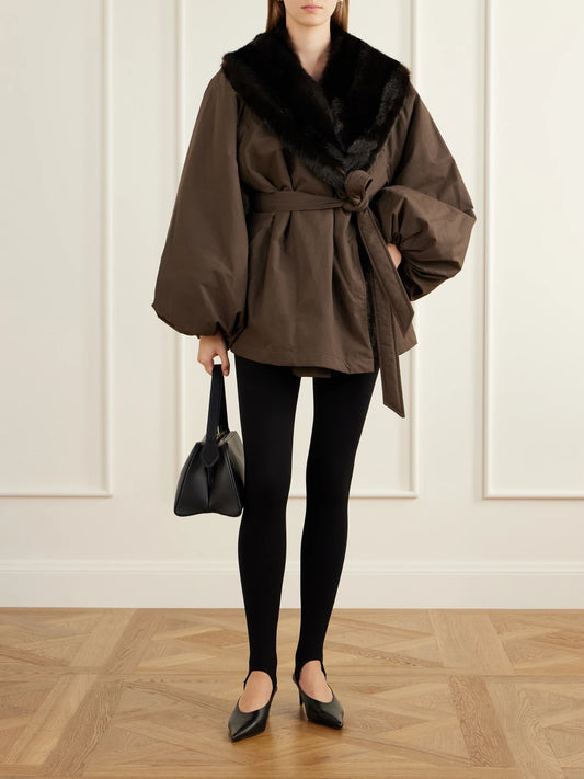 Image of Coats & Jackets. Product name - Belted Plush-trimmed Short Coat in Brown colour by brand - Magda Butrym