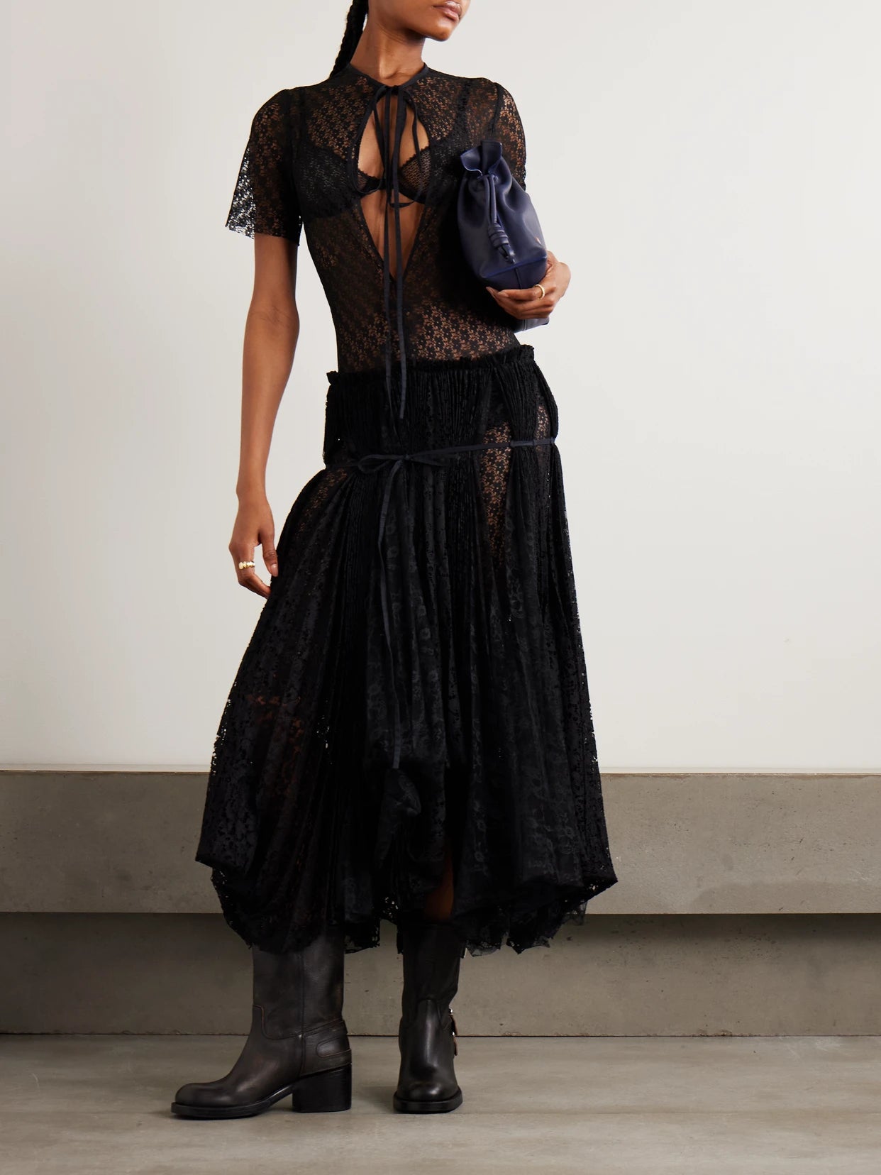 Image of Dresses. Product name - Layered Cutout Pleated Lace Maxi Dress in Black colour by brand - JW Anderson