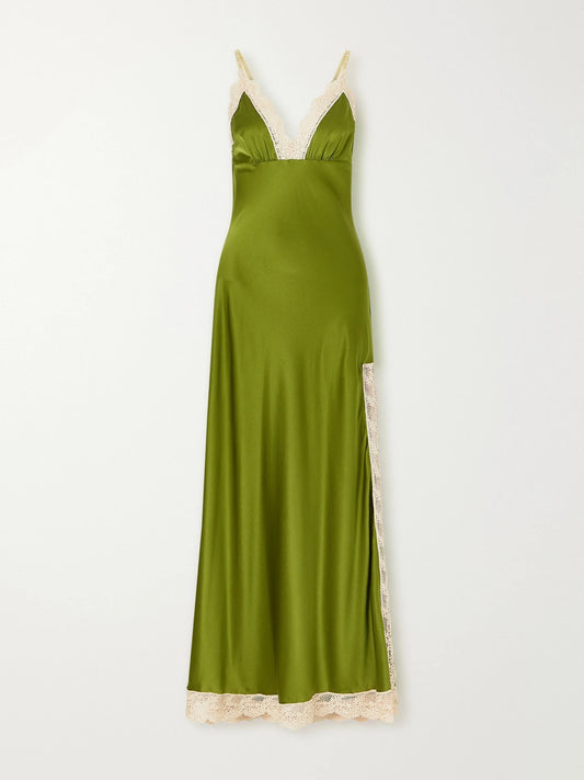 Miguelina Bead-embellished Crochet-knit Trimmed Silk-blend Satin Maxi Dress