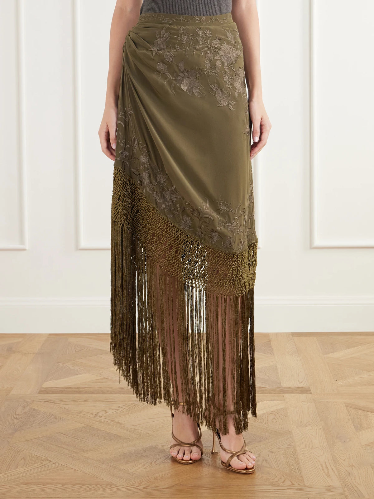 Ulla Johnson Lark Fringed Embroidered Silk-crepe De Chin Midi Skirt