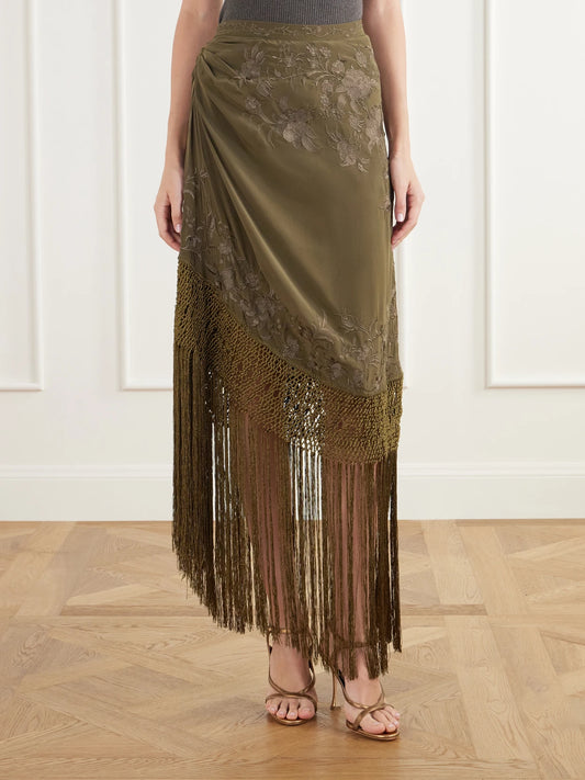 Ulla Johnson Lark Fringed Embroidered Silk-crepe De Chin Midi Skirt