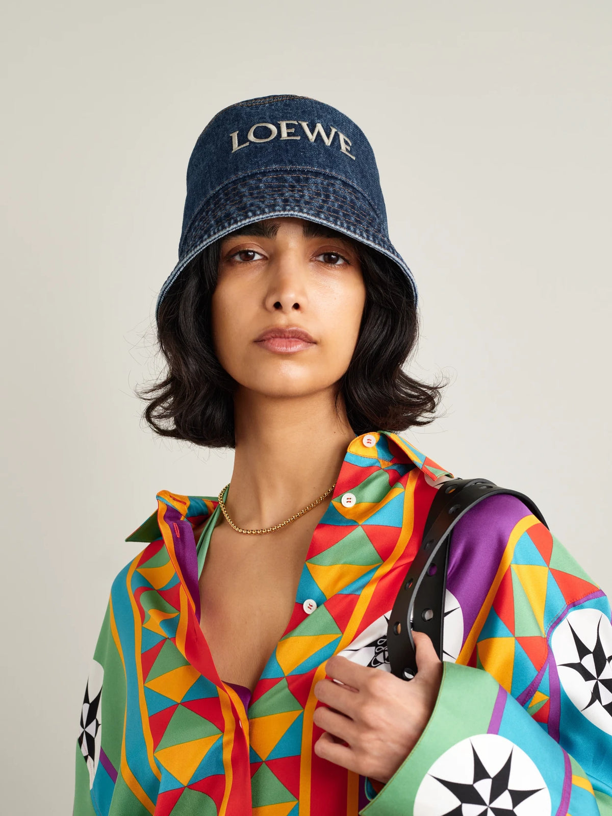 Image of Hats. Product name - + Paula's Ibiza Embroidered Denim Bucket Hat in Mid denim colour by brand - LOEWE