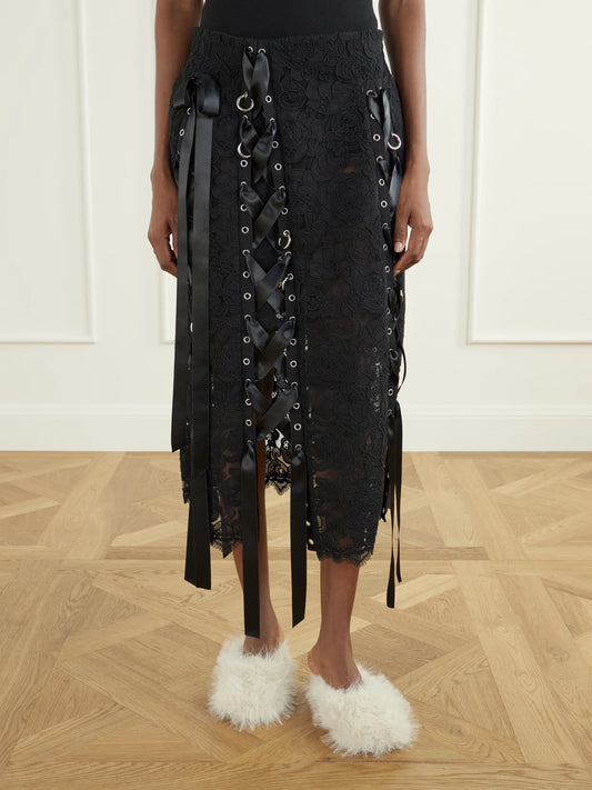 Simone Rocha Unraveling Ribbon Ring Asymmetric Embellished Lace And Satin Midi Skirt