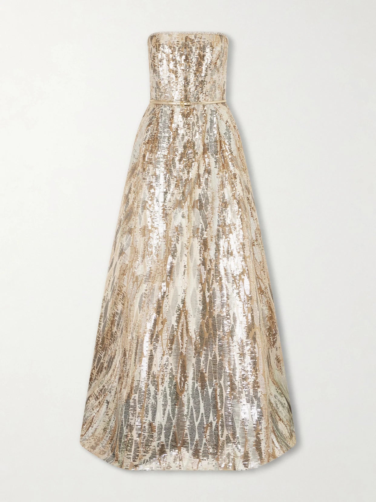 Image of Dresses. Product name - Strapless Belted Sequin-embellished Tulle Gown in Metallic colour by brand - Elie Saab