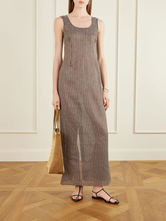Image of Dresses. Product name - Isadora Striped Linen Maxi Dress in Brown colour by brand - KALLMEYER