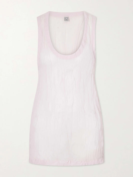 Image of a model wearing Tops. Product name - Crinkled Cotton-blend Gauze Tank in Baby pink colour by brand - TOTEME