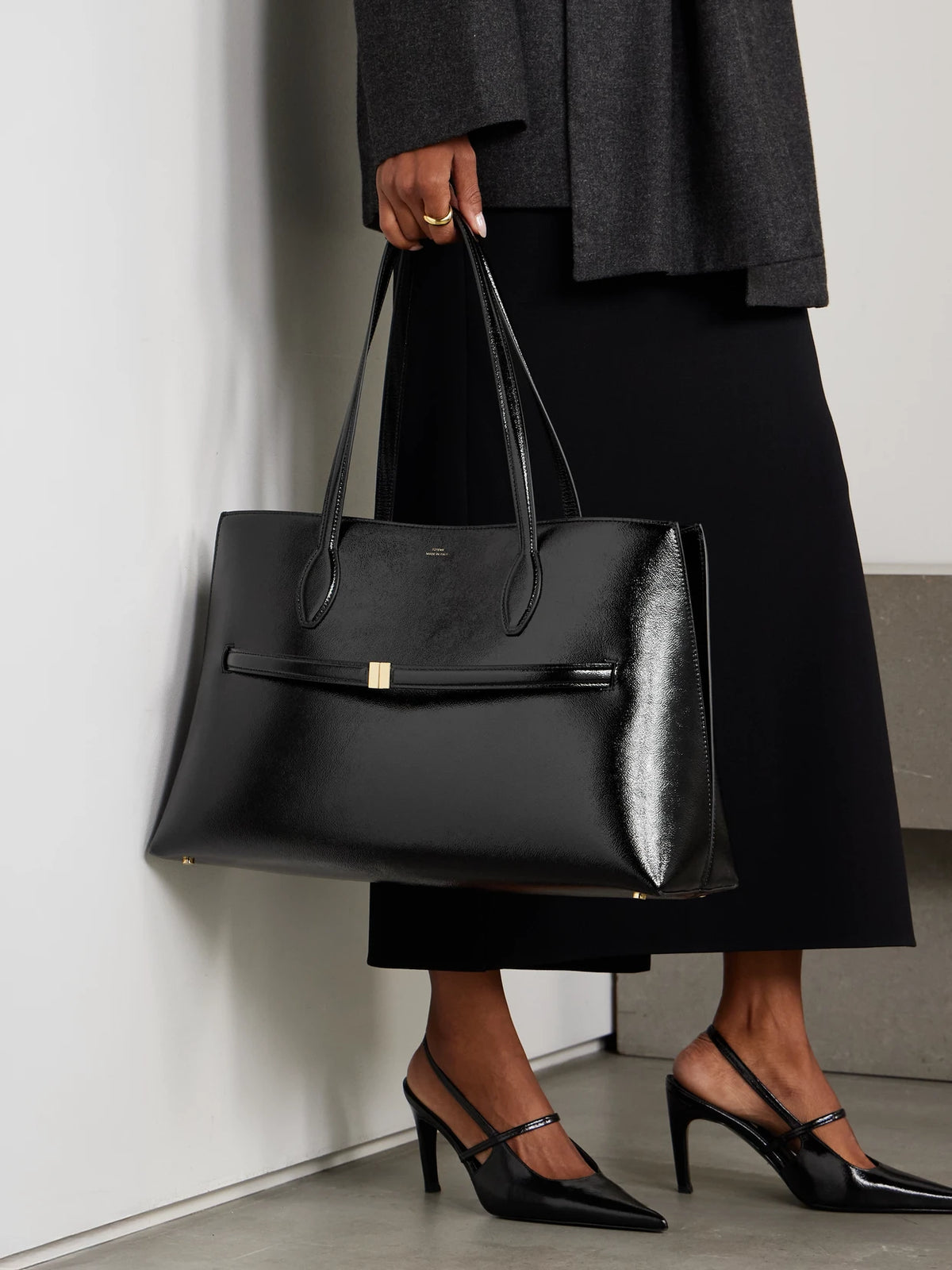 Image of Bags. Product name - Naplack Crinkled Patent-leather Tote in Black colour by brand - TOTEME
