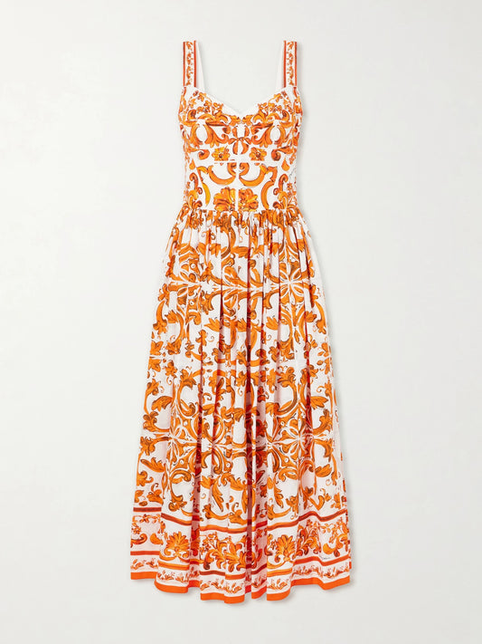 Image of Dresses. Product name - Pleated Printed Cotton-poplin Midi Dress in Orange colour by brand - Dolce & Gabbana