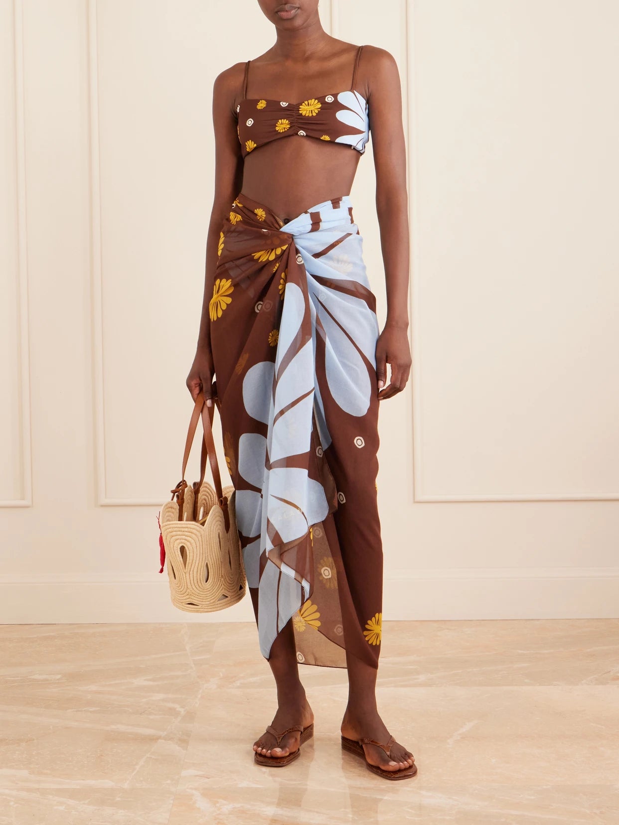 Image of Swimwear. Product name - Luana Floral-print Voile Pareo in Brown colour by brand - Cala de la Cruz