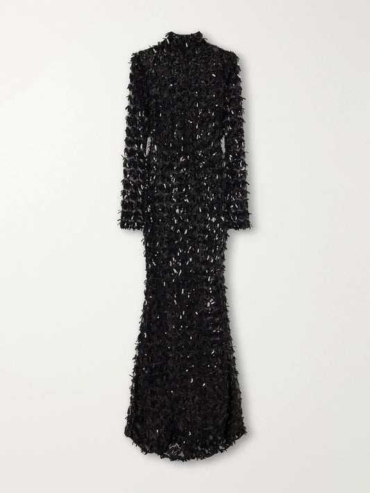 Taller Marmo Dragon Lady Fringed Sequined Tulle Turtleneck Gown