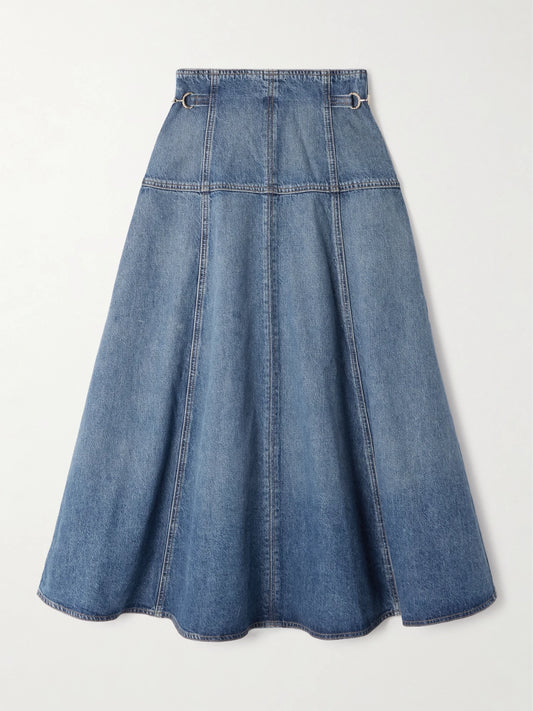 Image of Jeans. Product name - The Brigette Embellished Paneled Denim Midi Skirt in Mid denim colour by brand - Ulla Johnson