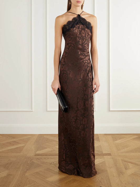 Image of Dresses. Product name - Rue Lace-trimmed Floral-jacquard Silk-blend Satin Gown in Brown colour by brand - Veronica Beard