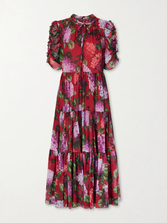 Image of Dresses. Product name - Tie-detailed Ruffled Tiered Floral-print Silk-chiffon Midi Dress in Multi colour by brand - Carolina Herrera
