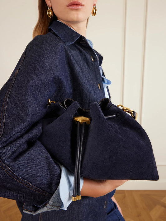 Image of Bags. Product name - Cinch Medium Leather-trimmed Suede Shoulder Bag in Navy colour by brand - Jimmy Choo