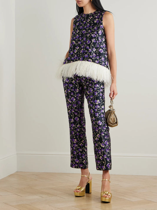 Image of a model wearing Pants. Product name - 24/7 Floral-brocade Straight-leg Pants in Purple colour by brand - La DoubleJ